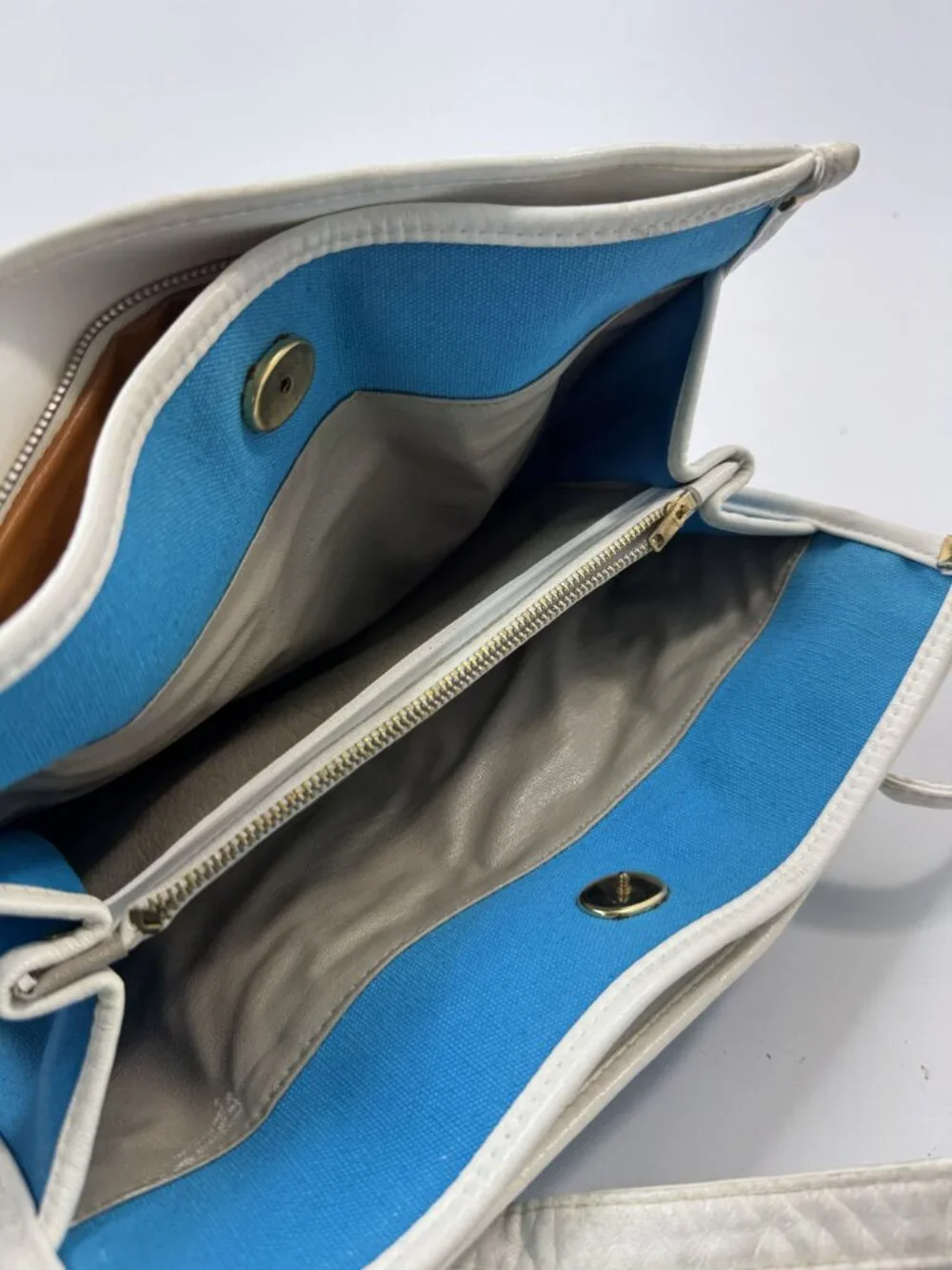 Vintage Blue & White Canvas Tote Bag With Faux Leather Trim